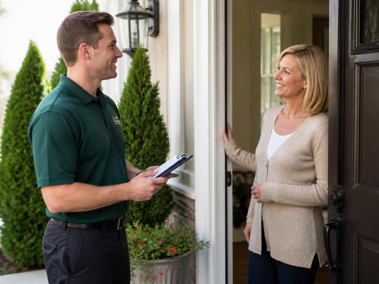 A licensed technician greeting a homeowner at her front door