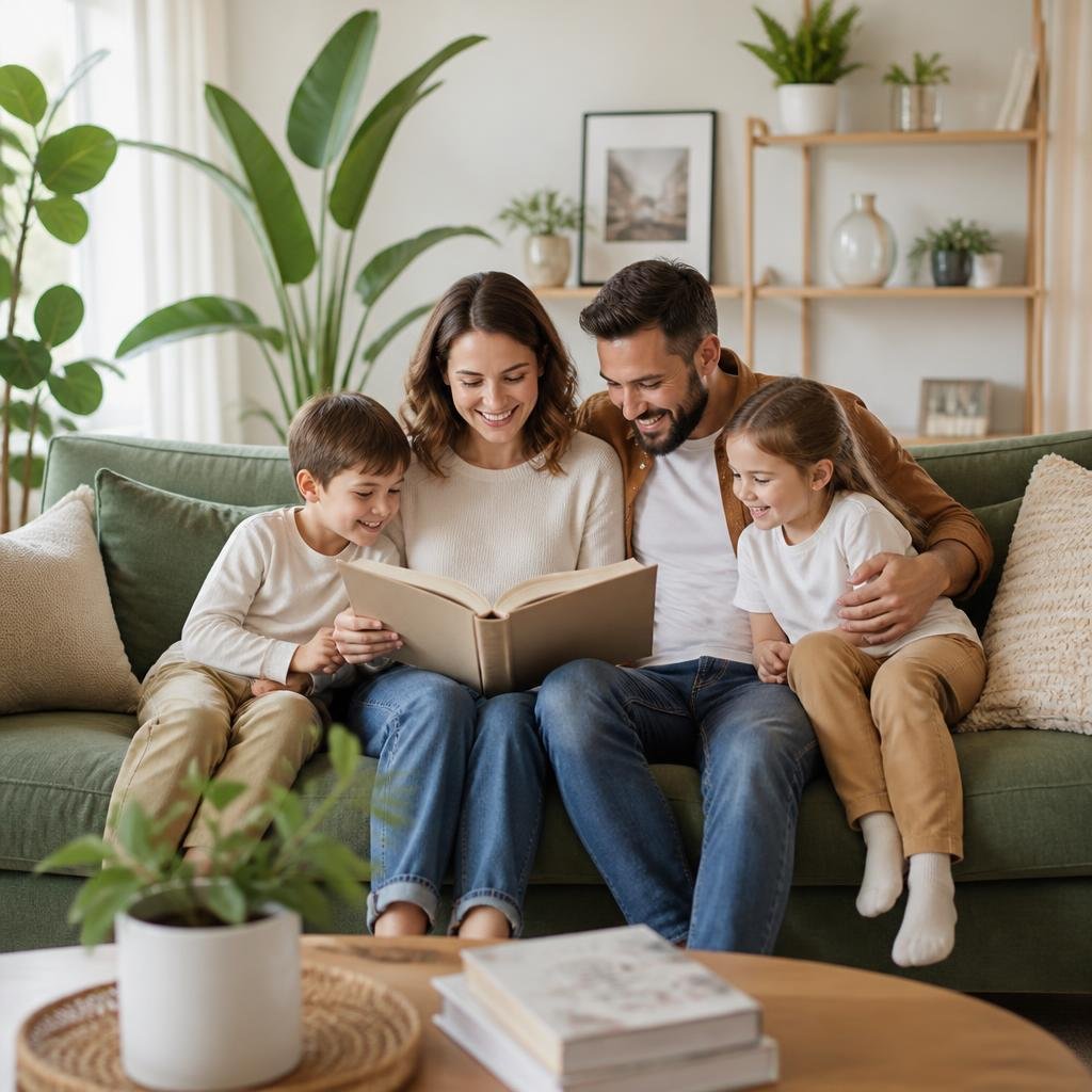 A family relaxing together in their protected home